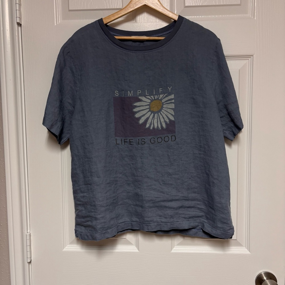 Cloth & Cook Graphic Top Simplify Life Is Good Slate Blue Tee Linen Size M? Read